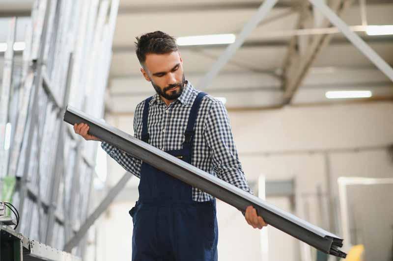 ouvrier menuisier dans usine montage fenetre aluminium